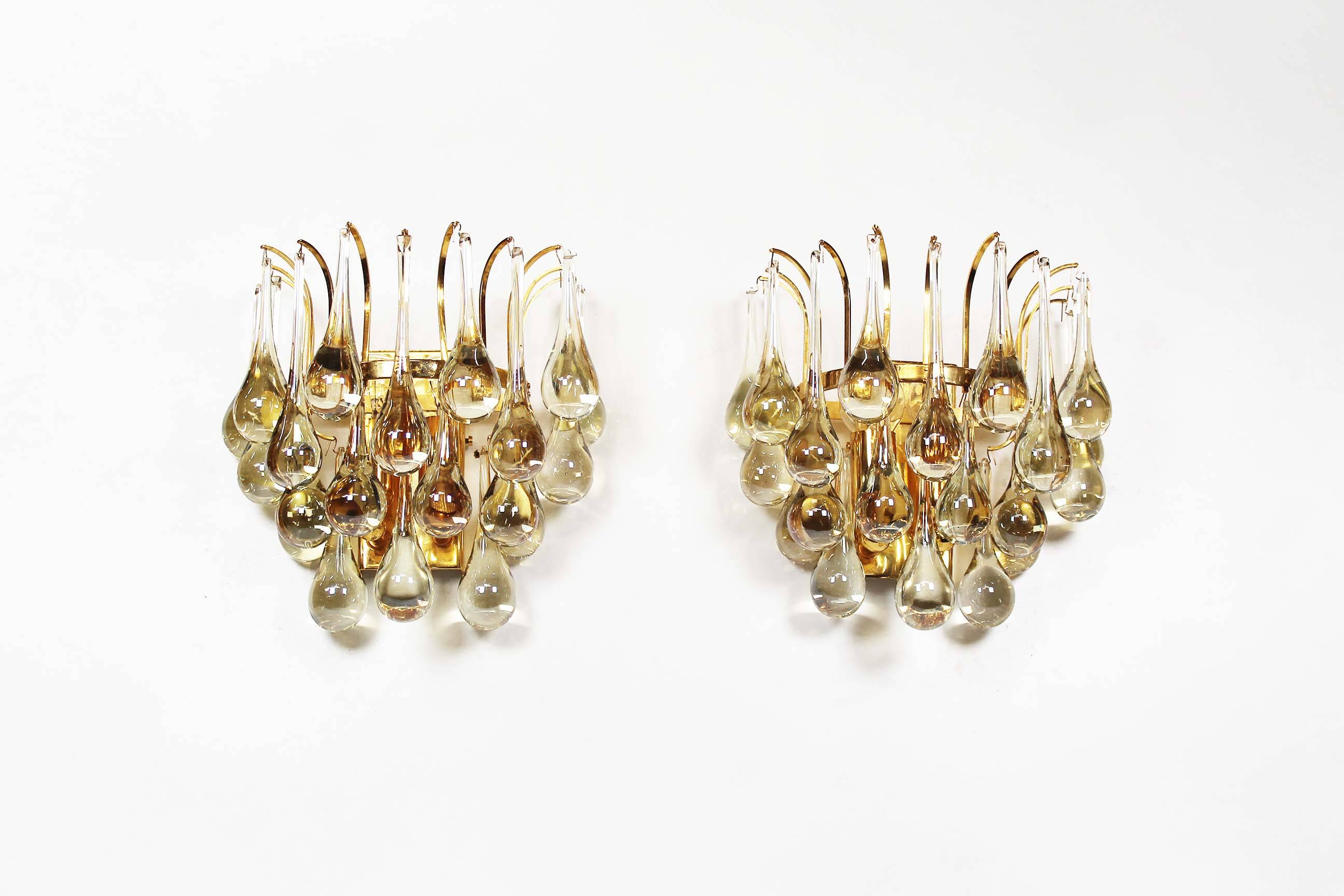 Lot de deux appliques en laiton et verre en forme de larme par Christophe Palme, Allemagne années 1970