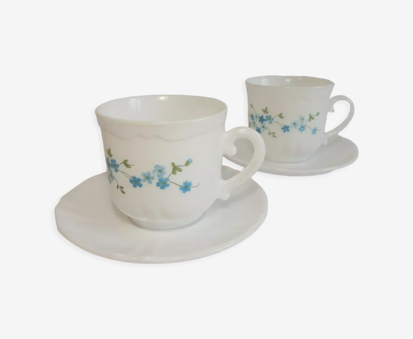 Set de 2 grandes tasses et sous tasses Arcopal modèle Véronica fleurs de myosotis vintage