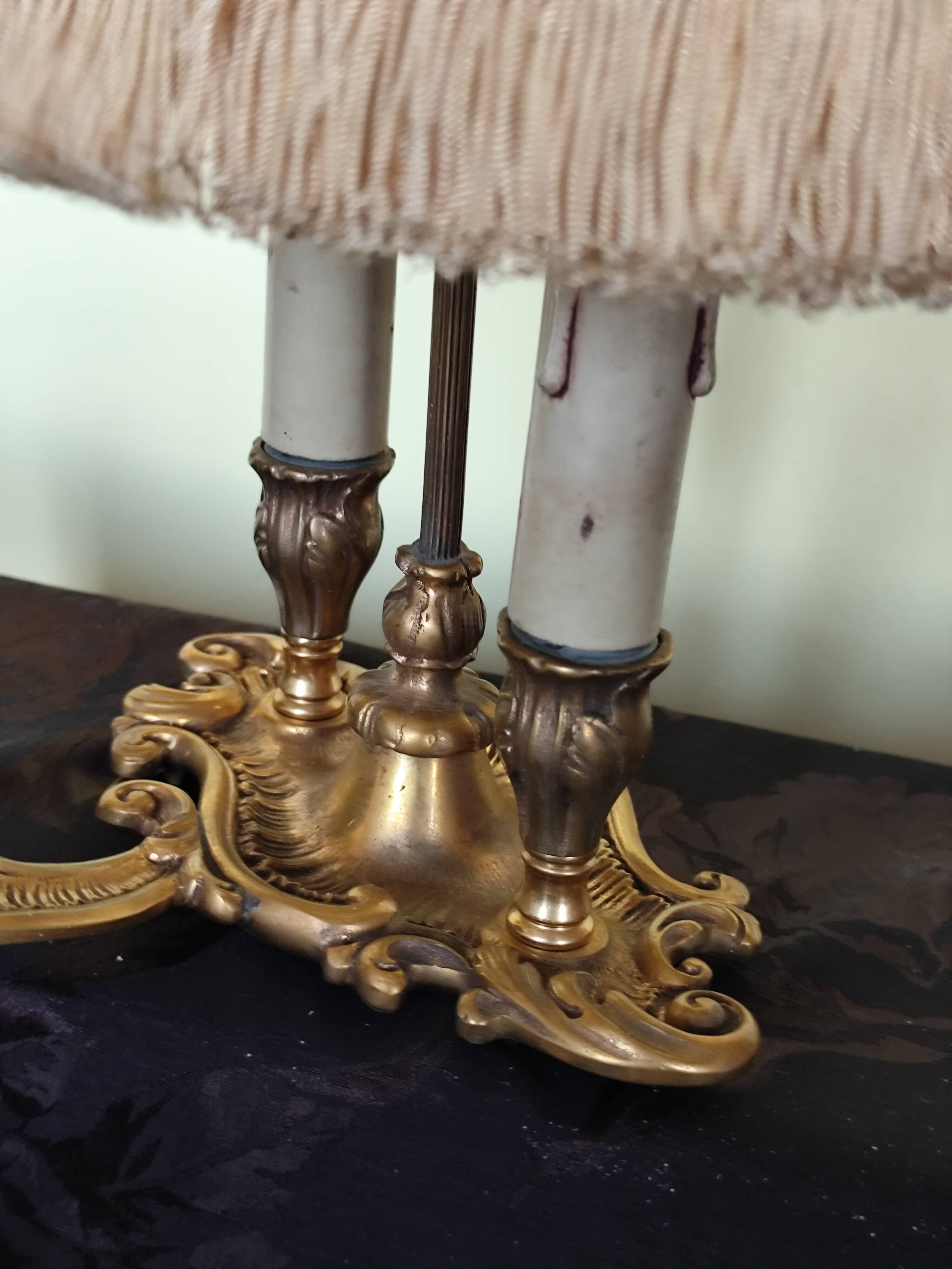 bronze bouillotte lamp with 2 lights and fabric shade