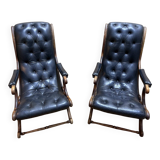 Pair of English Chesterfield armchairs in black leather