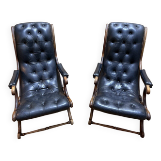 Pair of English Chesterfield armchairs in black leather