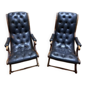 Paire de fauteuils anglais chesteefield en cuir noir