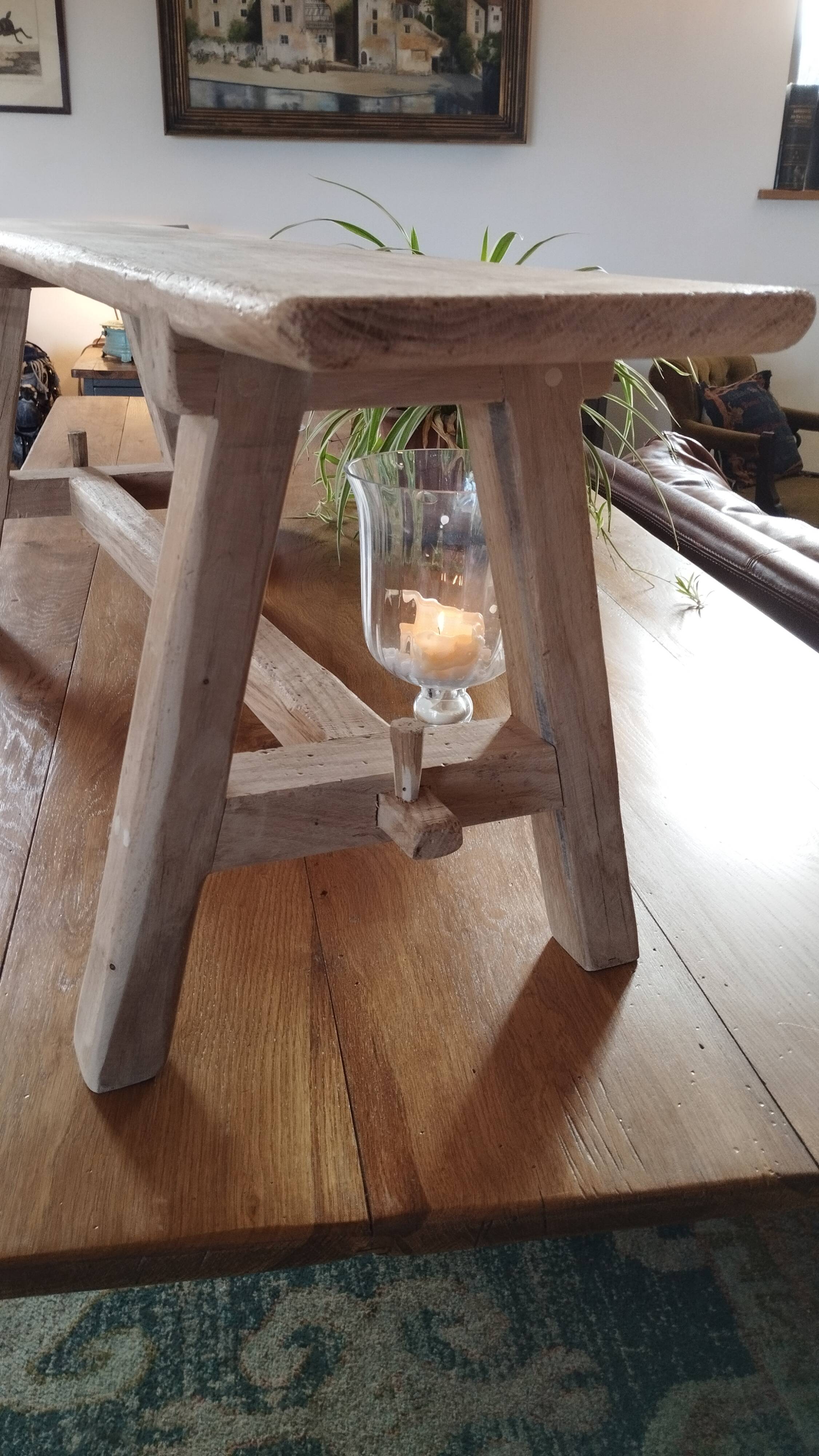 "A frame" bench in solid oak, patinated.