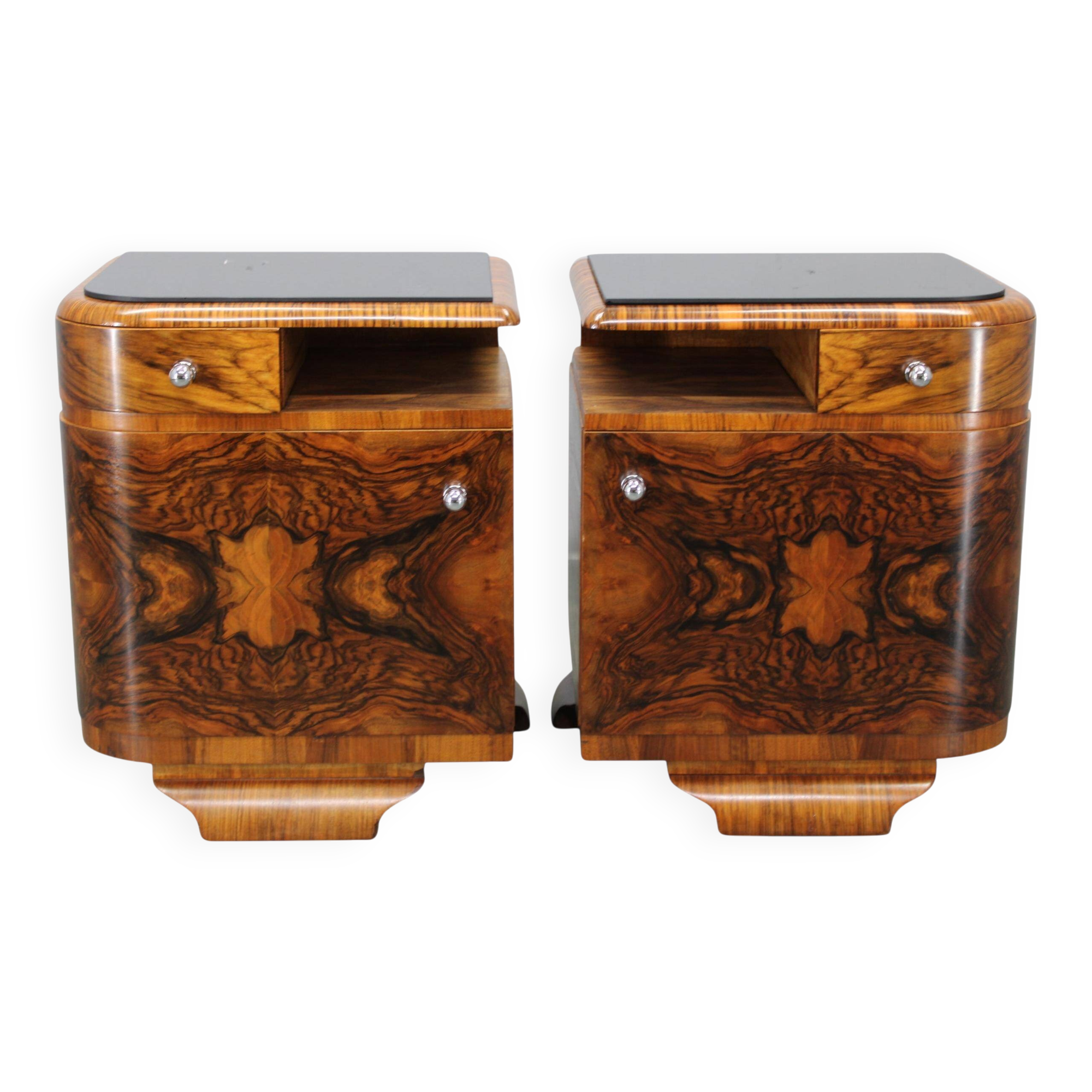 Pair of Art Deco walnut bedside tables from the 1930s.
