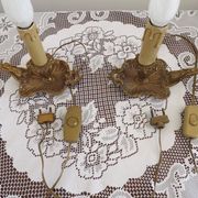 Pair Vintage French Bronze Candlestick Lamps Pleated Fabric Shades
