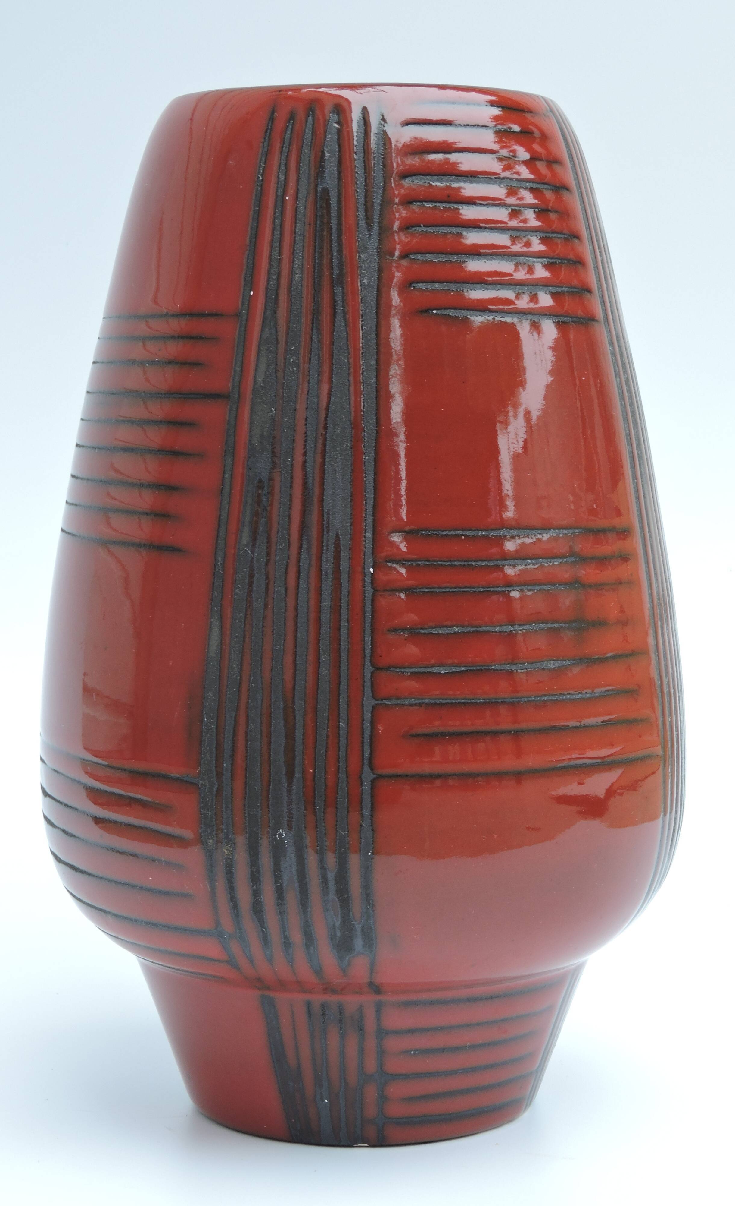 Vintage red ceramic vase scarified decoration elchinger 50' signed