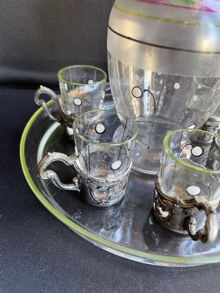 Liquor service Art Nouveau 1/2 Enamelled colored crystal with silver metal frame