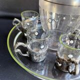 Liquor service Art Nouveau 1/2 Enamelled colored crystal with silver metal frame