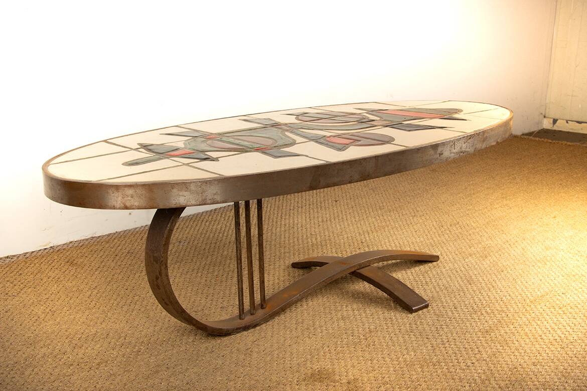 Table basse Française, Acier Chromé et Céramique par Barrois Vallauris 1960