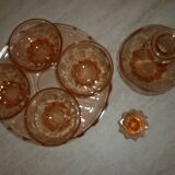 Service à liqueur art déco en verre transparent rose avec bouchon