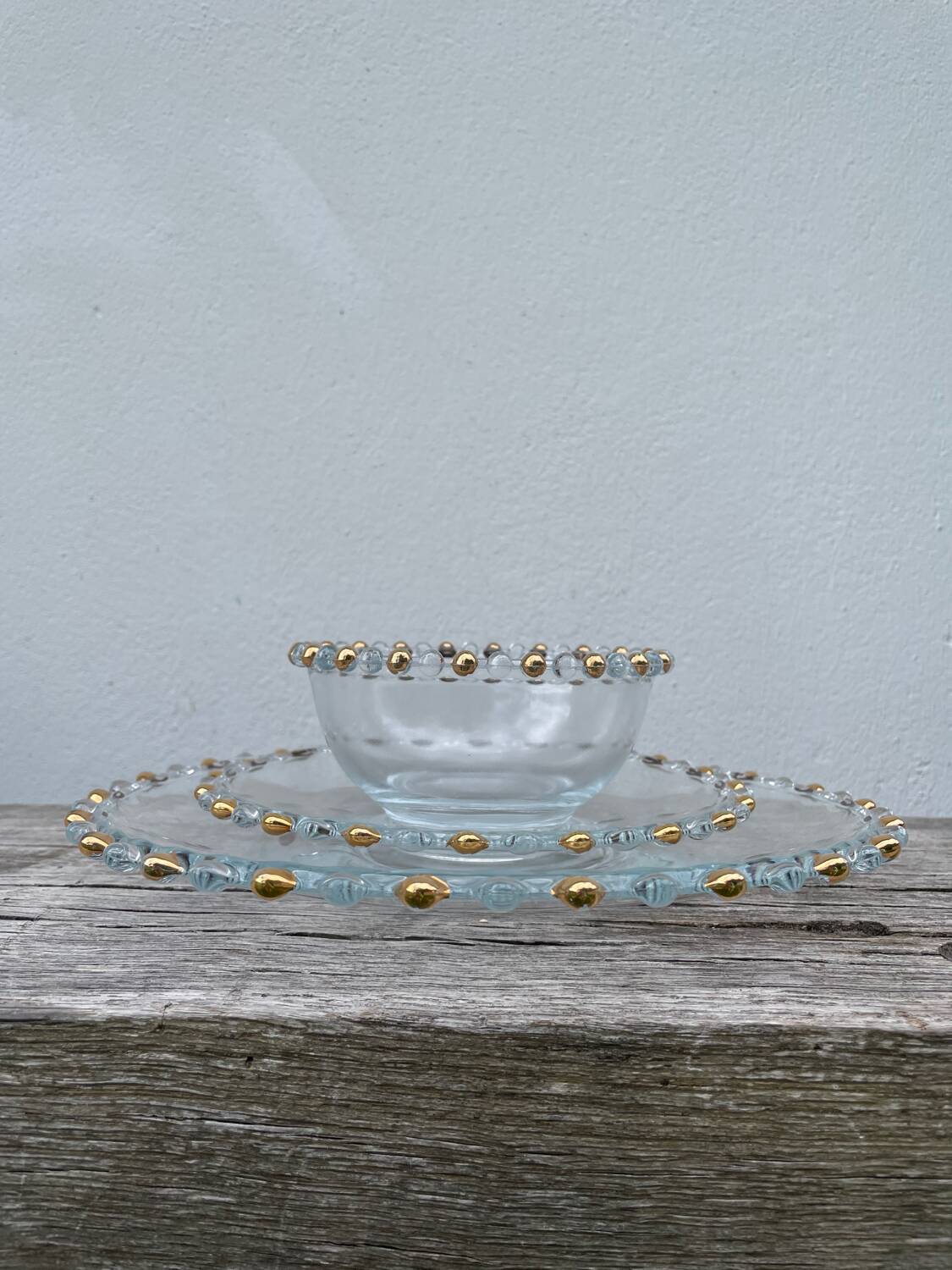 Trio of gold beaded glass dishes