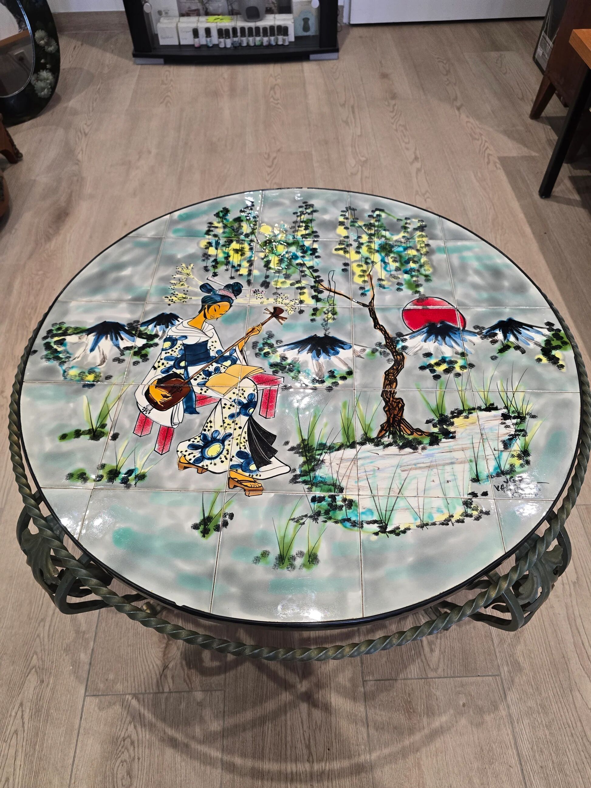Vintage coffee table J&G Picard Vallauris – Glazed ceramic top with Japonese-style decoration