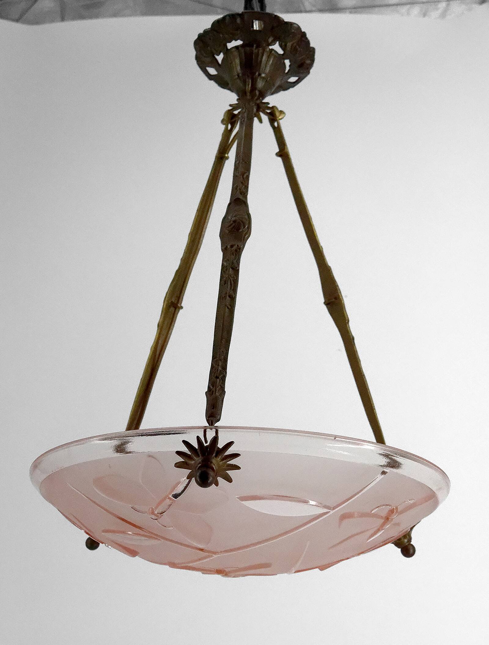 Bronze and glass pendant light with butterfly decoration, Degué, France, 1930