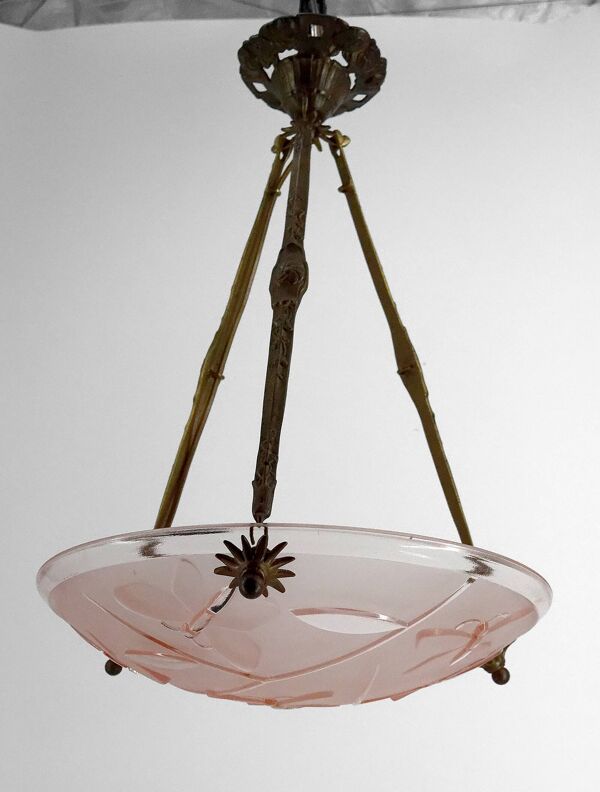 Suspension en bronze et verre à décor de Papillons, Degué, France,1930
