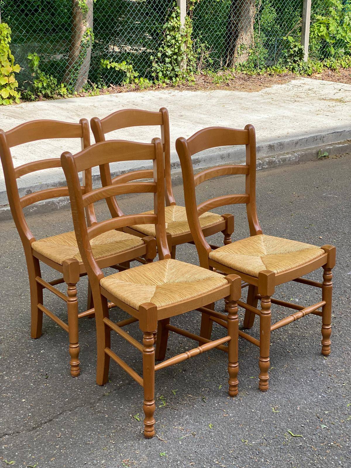 4 solid wood and straw Louis Philippe chairs from the 1960s.