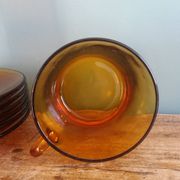 Duralex tea set, 6 large amber glass cups and saucers