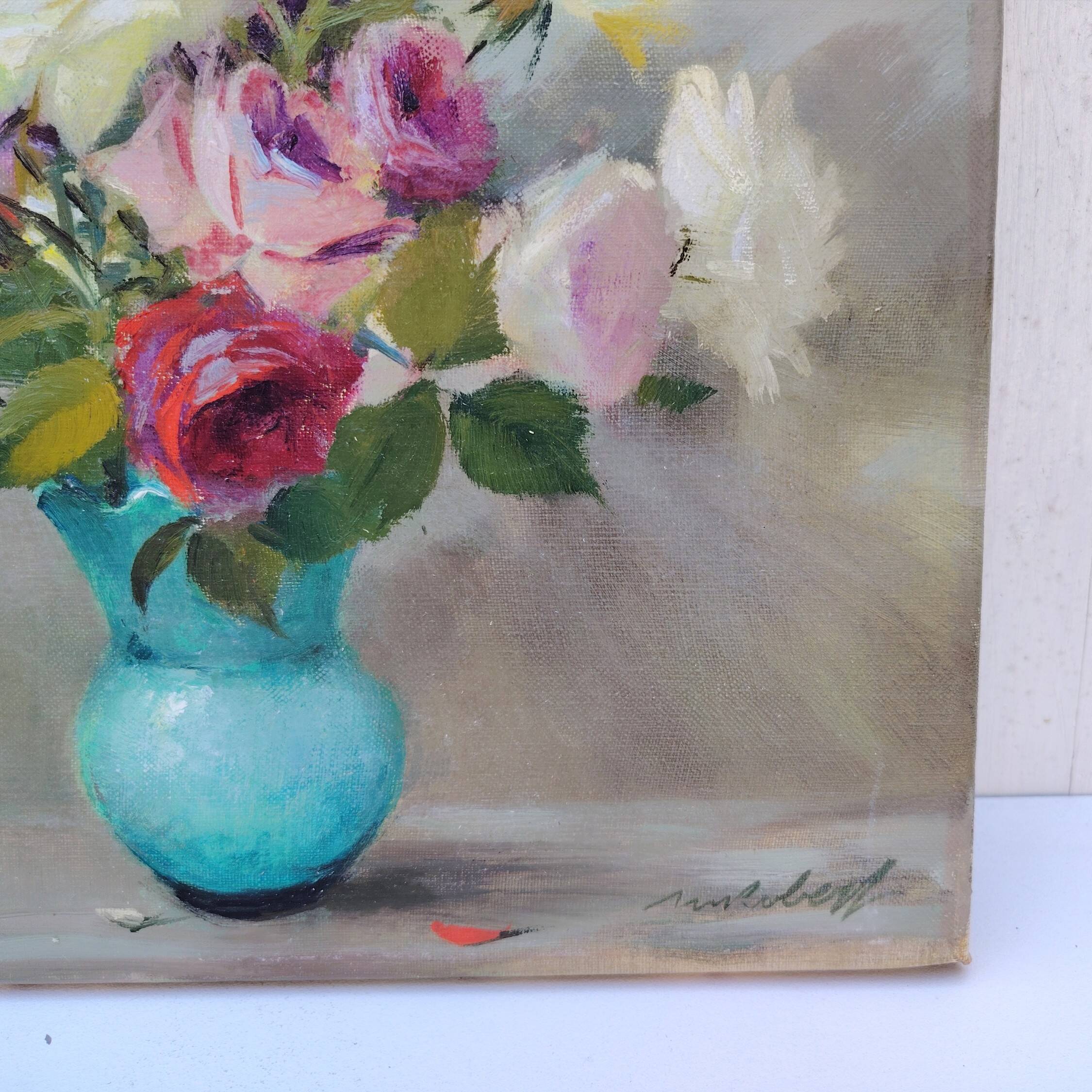 Oil on canvas Bouquet of roses signed Robert