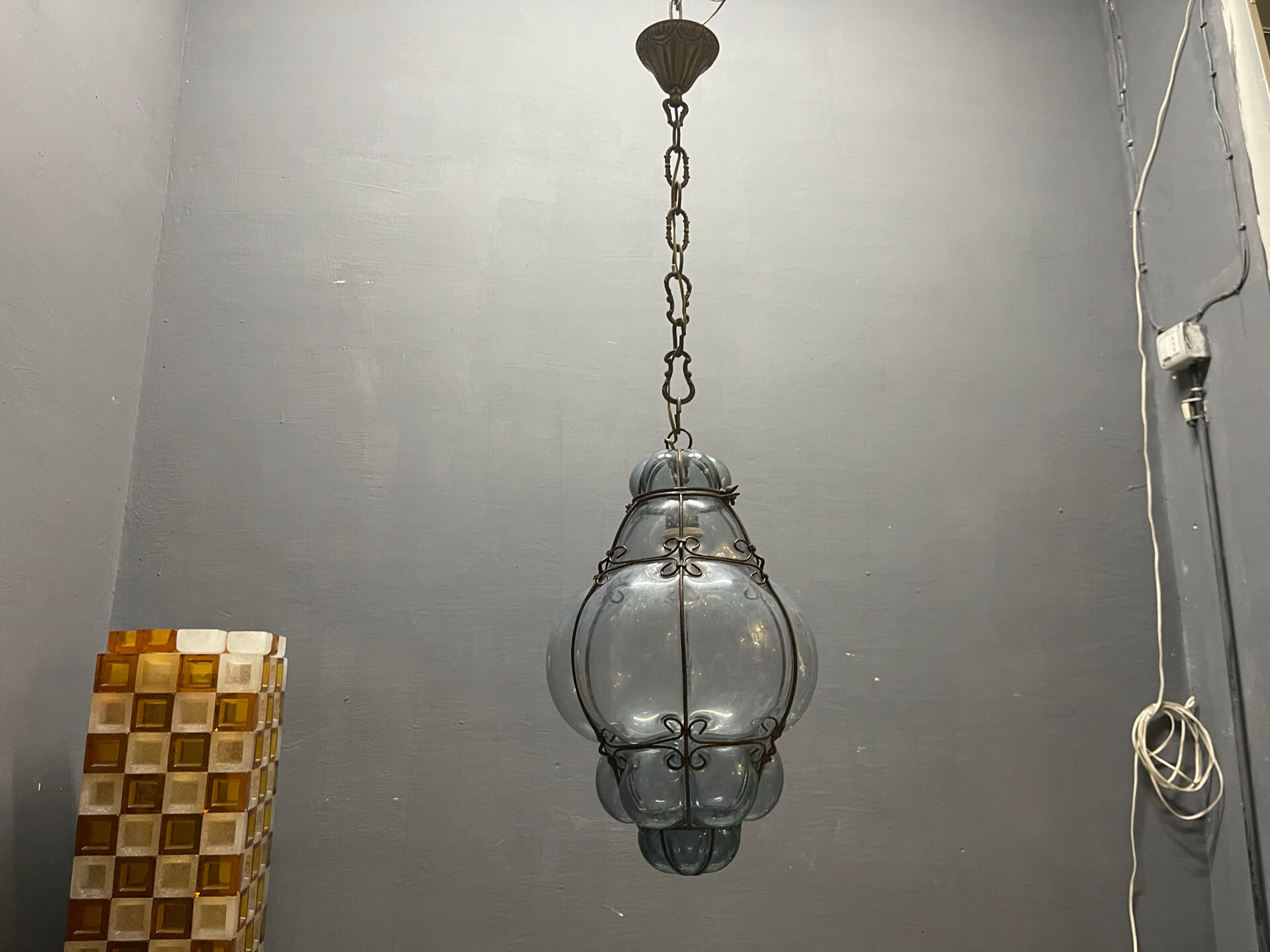 Wrought Iron Tinted Blue Murano Glass Light Pendant 1960’s