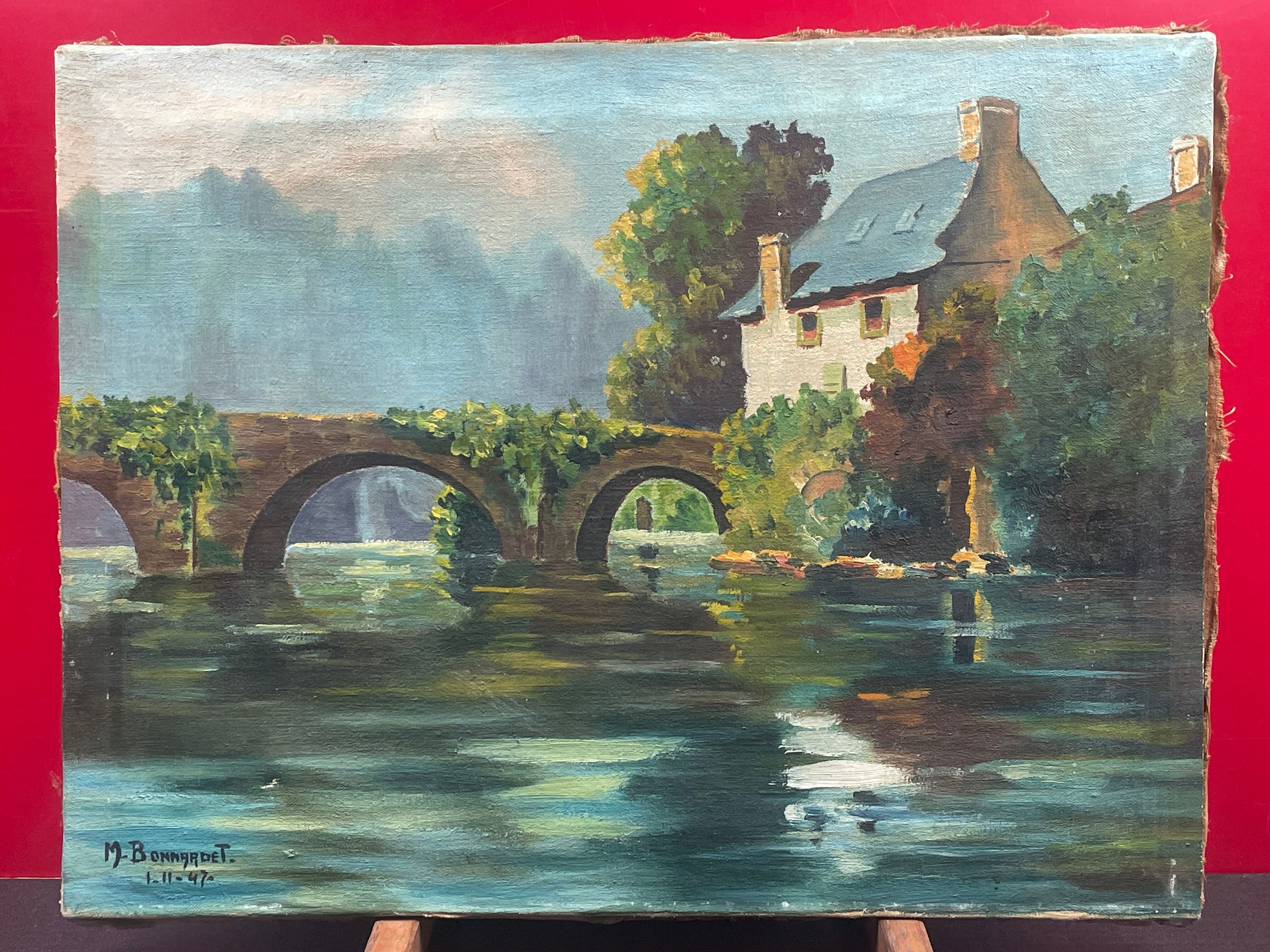 Oil on canvas, Mill on river Brittany - signed M Bonnardet 1947