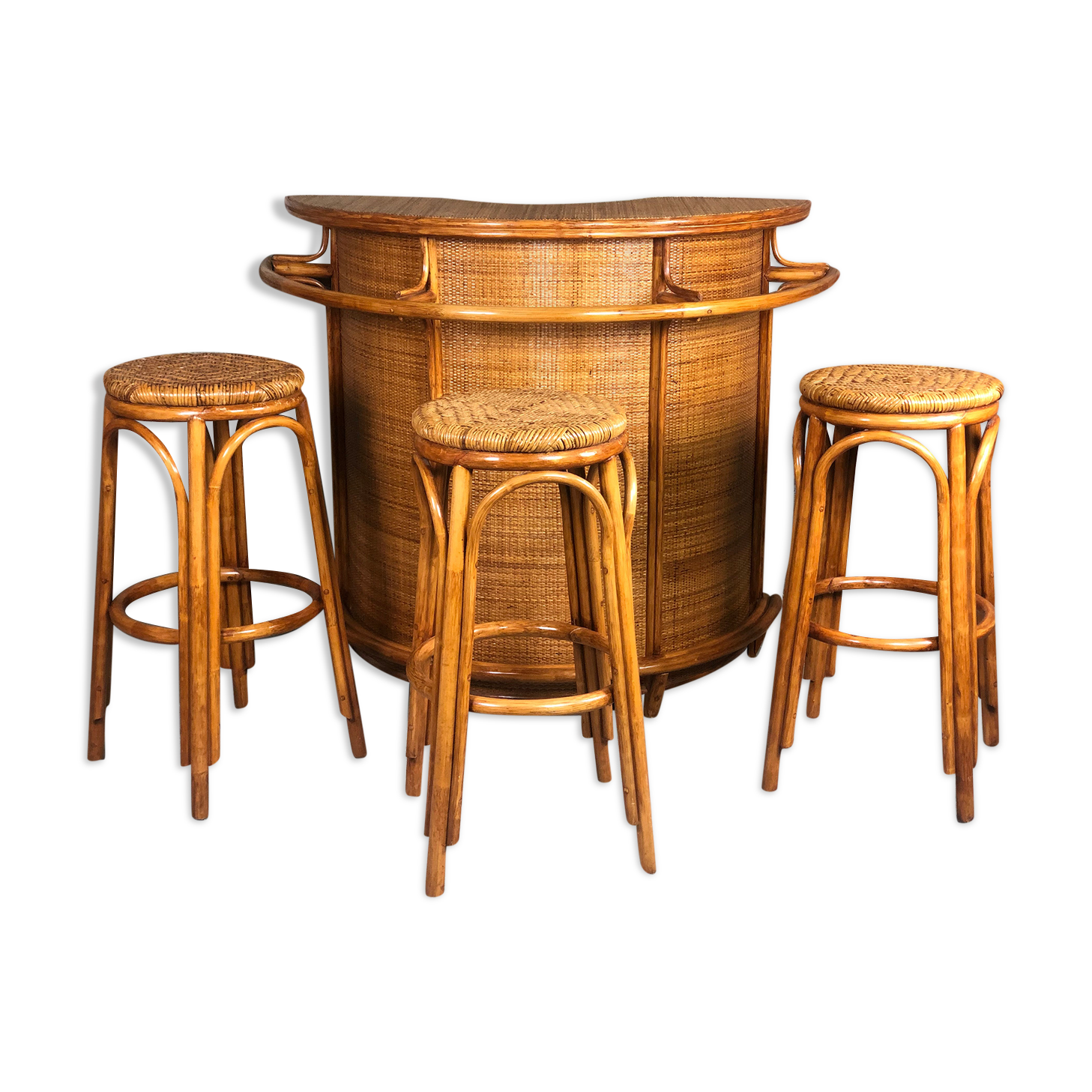 Bar and its 3 vintage stools in rattan and bamboo 1960'S