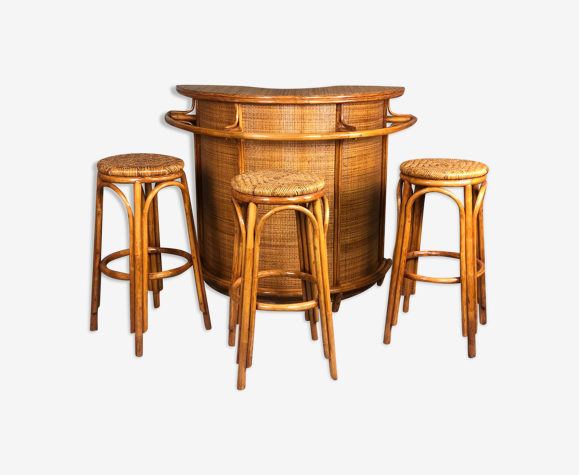 Bar et ses 3 tabourets vintage en rotin et bambou 1960'S