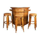 Bar et ses 3 tabourets vintage en rotin et bambou 1960'S