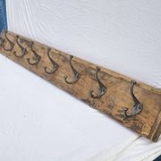 Teak coat rack with 8 double cast iron hooks