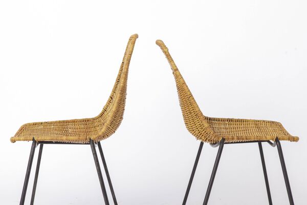 Ensemble de 2 chaises panier Gianfranco Legler, chaises en rotin des années 1950, style milieu de siècle.