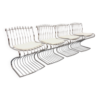 Suite de 4 chaises italiennes vintage Gastone Rinaldi en métal chromé