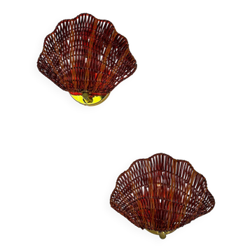 Pair of shell-shaped wicker wall sconces – rattan & brass, Italy 1970