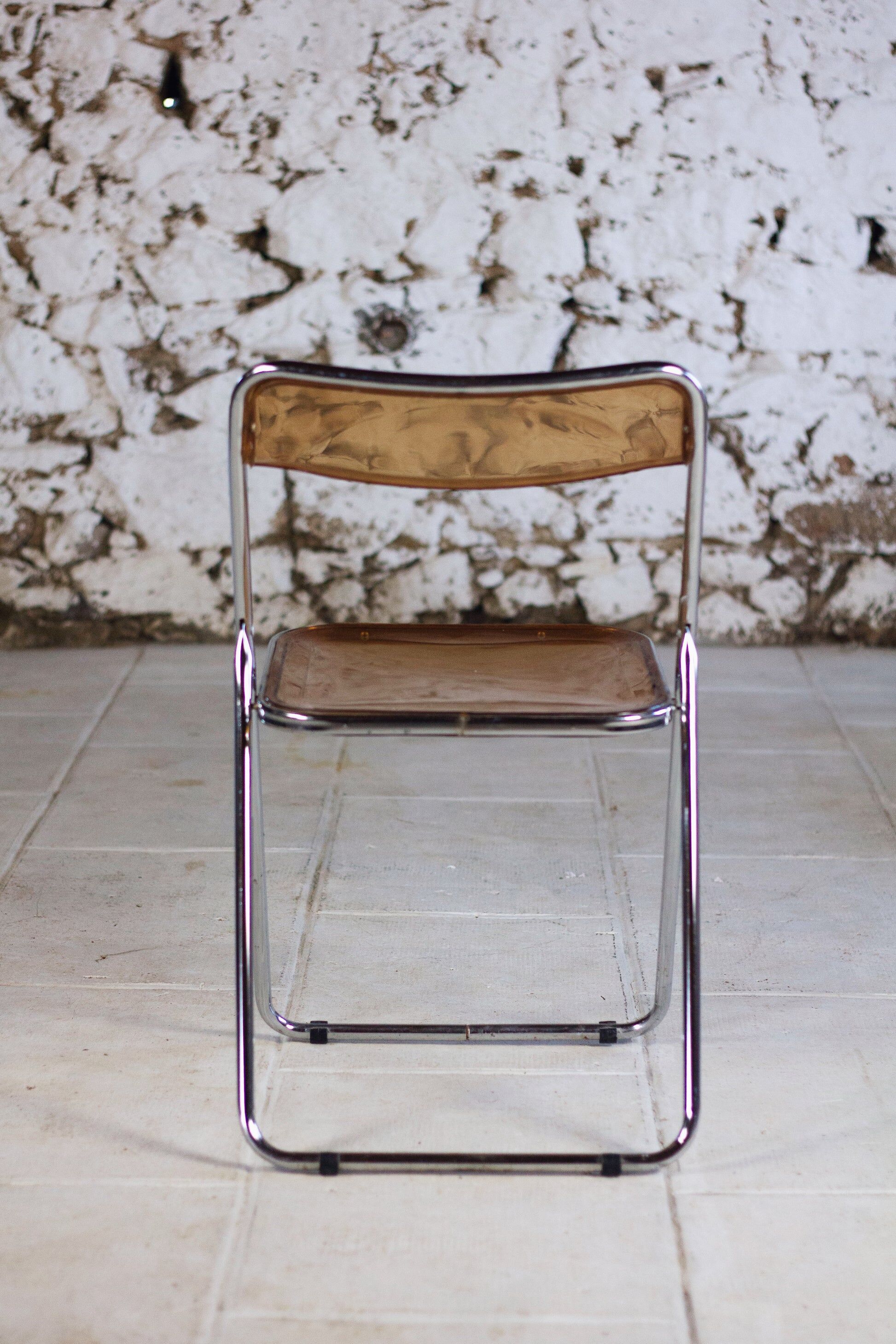 Set of 3 folding chairs in plexiglass and chrome, 1970.