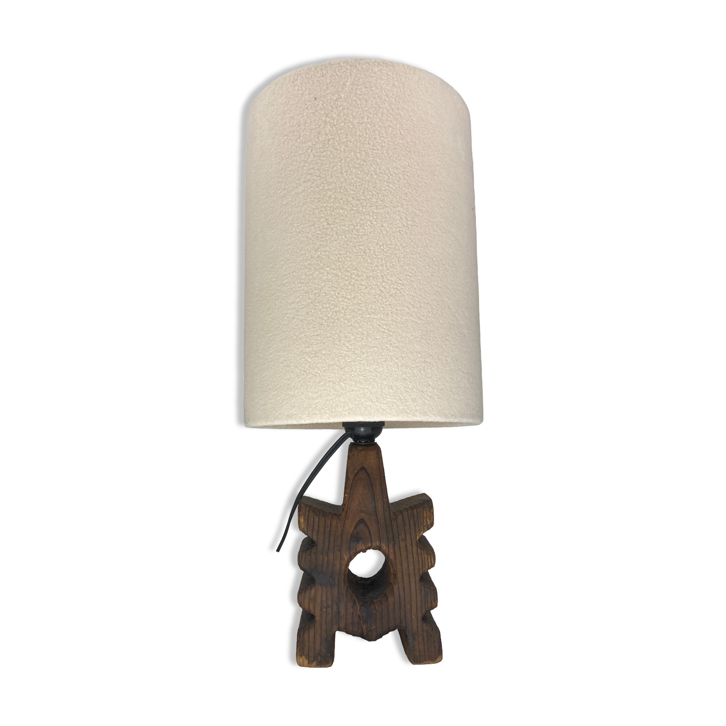 Brutalist wooden table lamp with teddy boucle shade. Dutch, 1970s