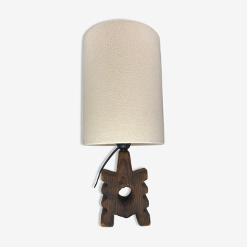 Brutalist wooden table lamp with teddy boucle shade. Dutch, 1970s