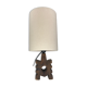 Brutalist wooden table lamp with teddy boucle shade. Dutch, 1970s