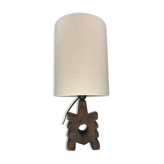 Brutalist wooden table lamp with teddy boucle shade. Dutch, 1970s