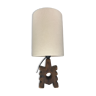 Brutalist wooden table lamp with teddy boucle shade. Dutch, 1970s