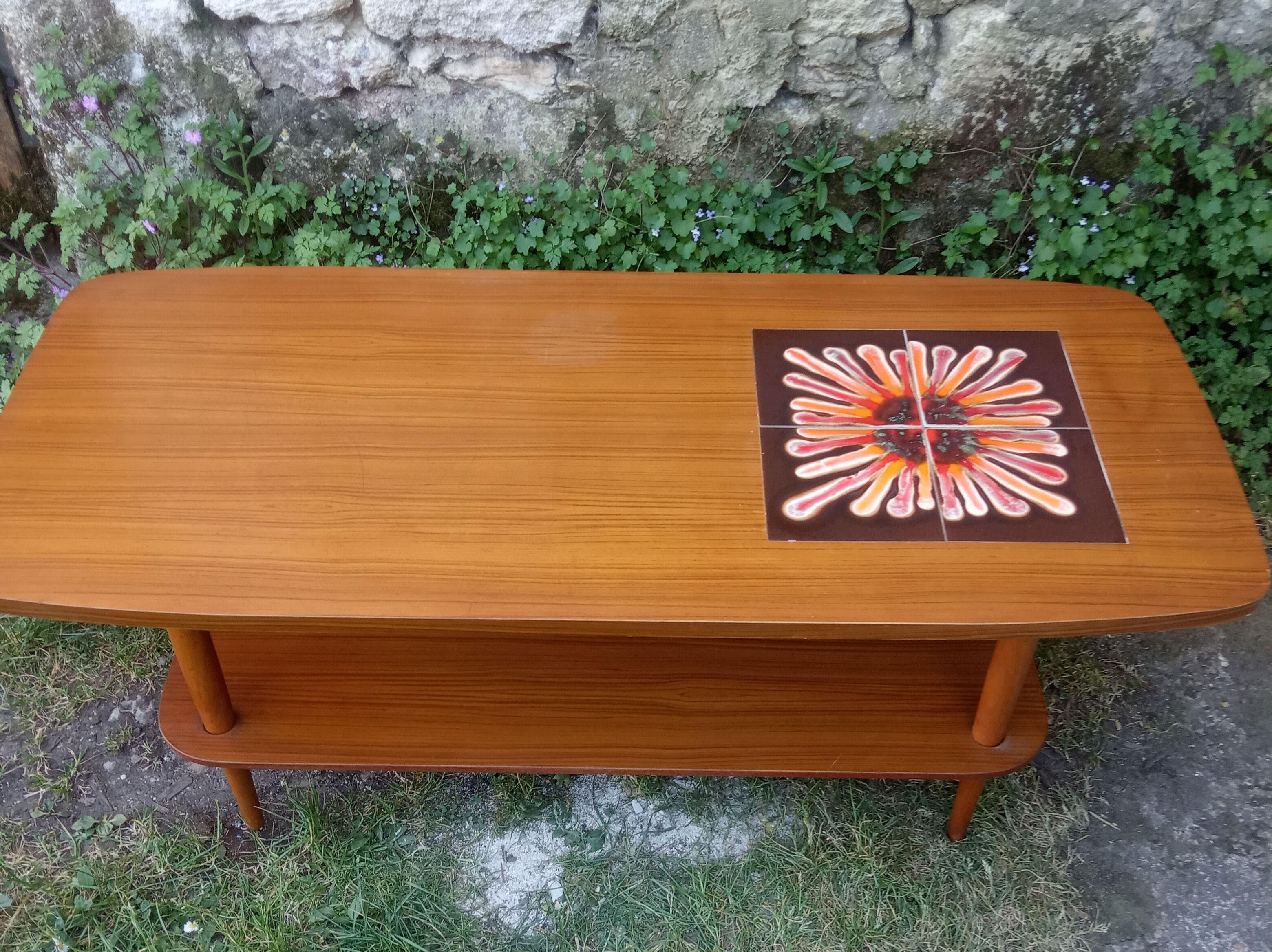 Table basse vintage teck et céramique