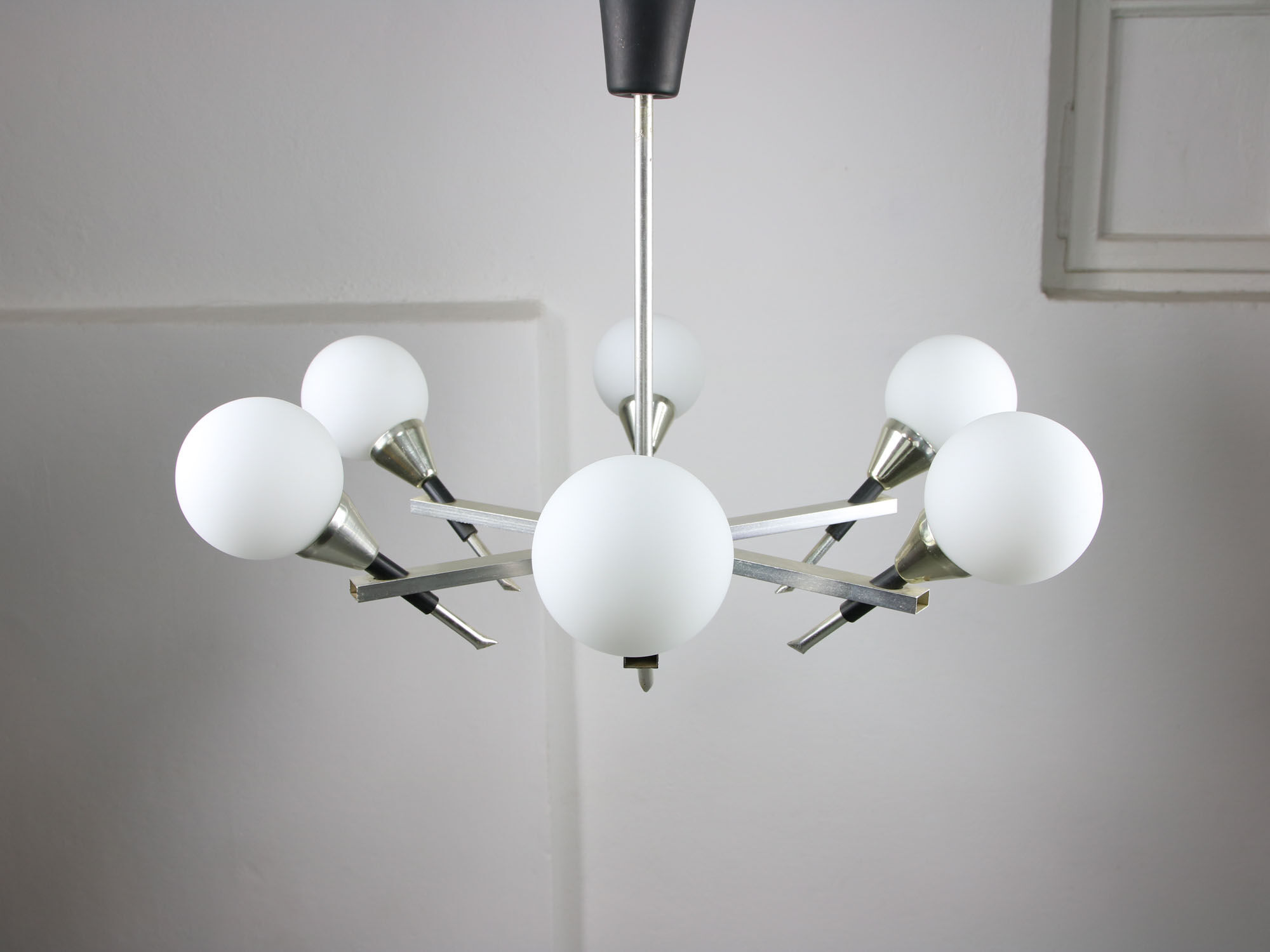 Italian Space-age Aluminum and Opaline Glass Chandelier