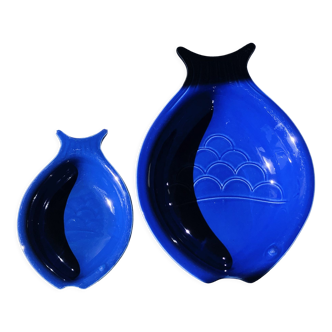 Set of 2 blue fish dishes. Hollow ceramic serving dishes