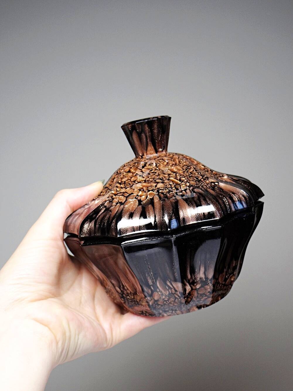 Boite/sucrier vintage Vincenzo Nason Murano verre aventurine noir