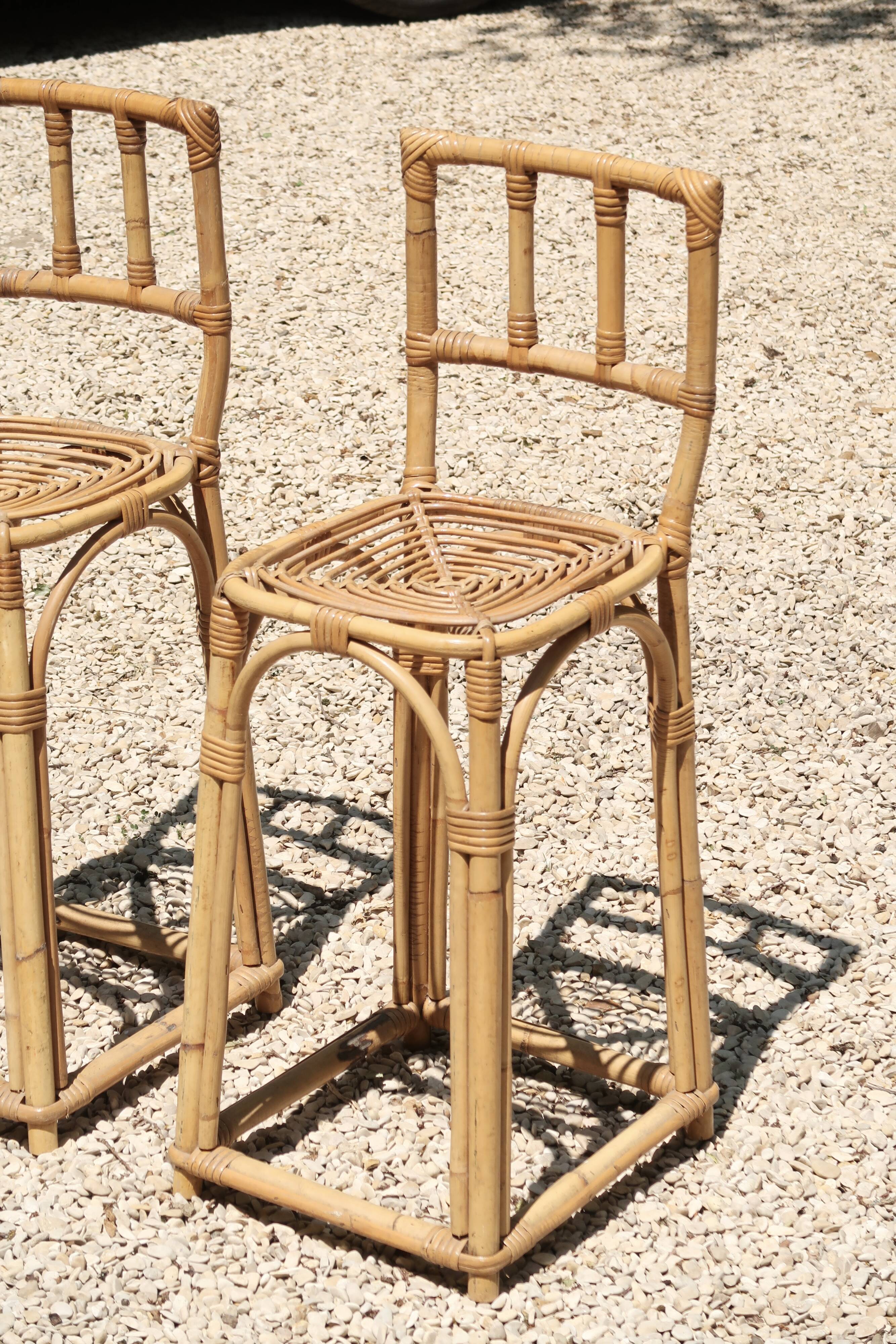 Pair of bamboo rattan bar stools, 70s