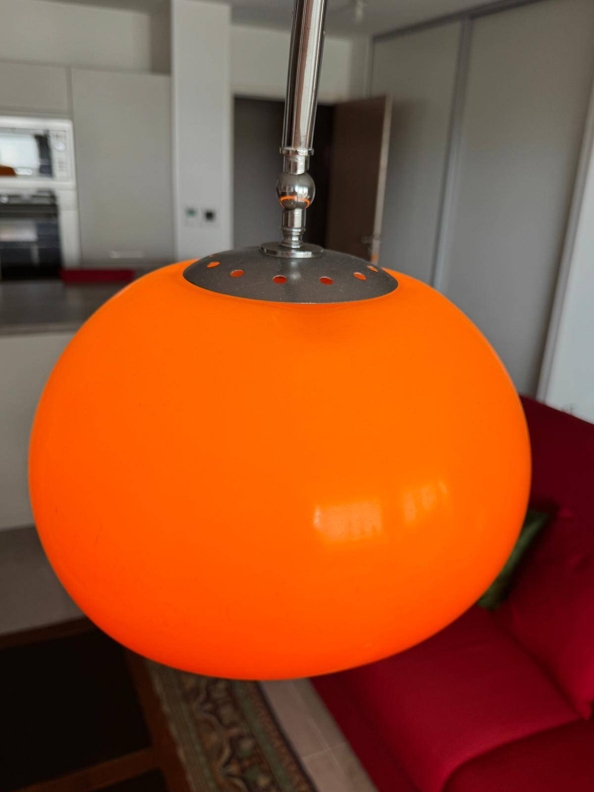 Vintage Space Age 1970 arc floor lamp, orange shade, marble base.