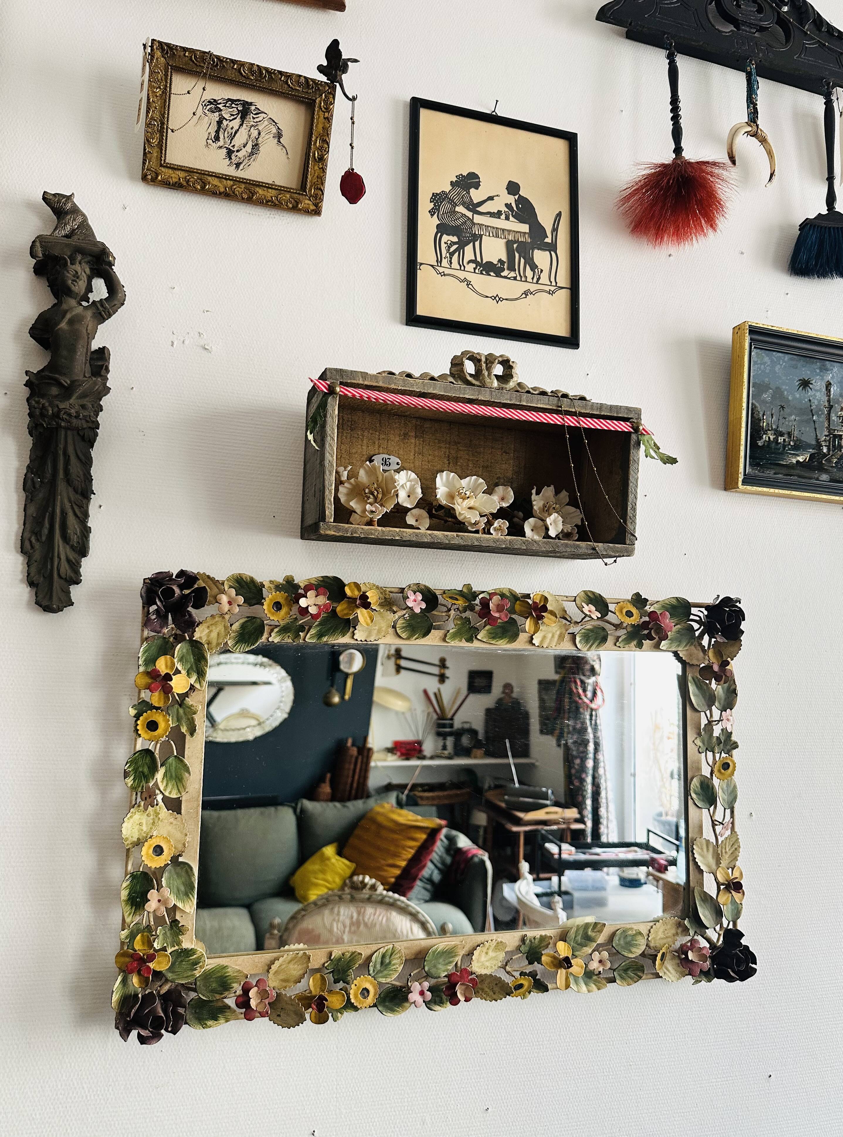 Italian wall mirror in polychrome floral metal, 1950s