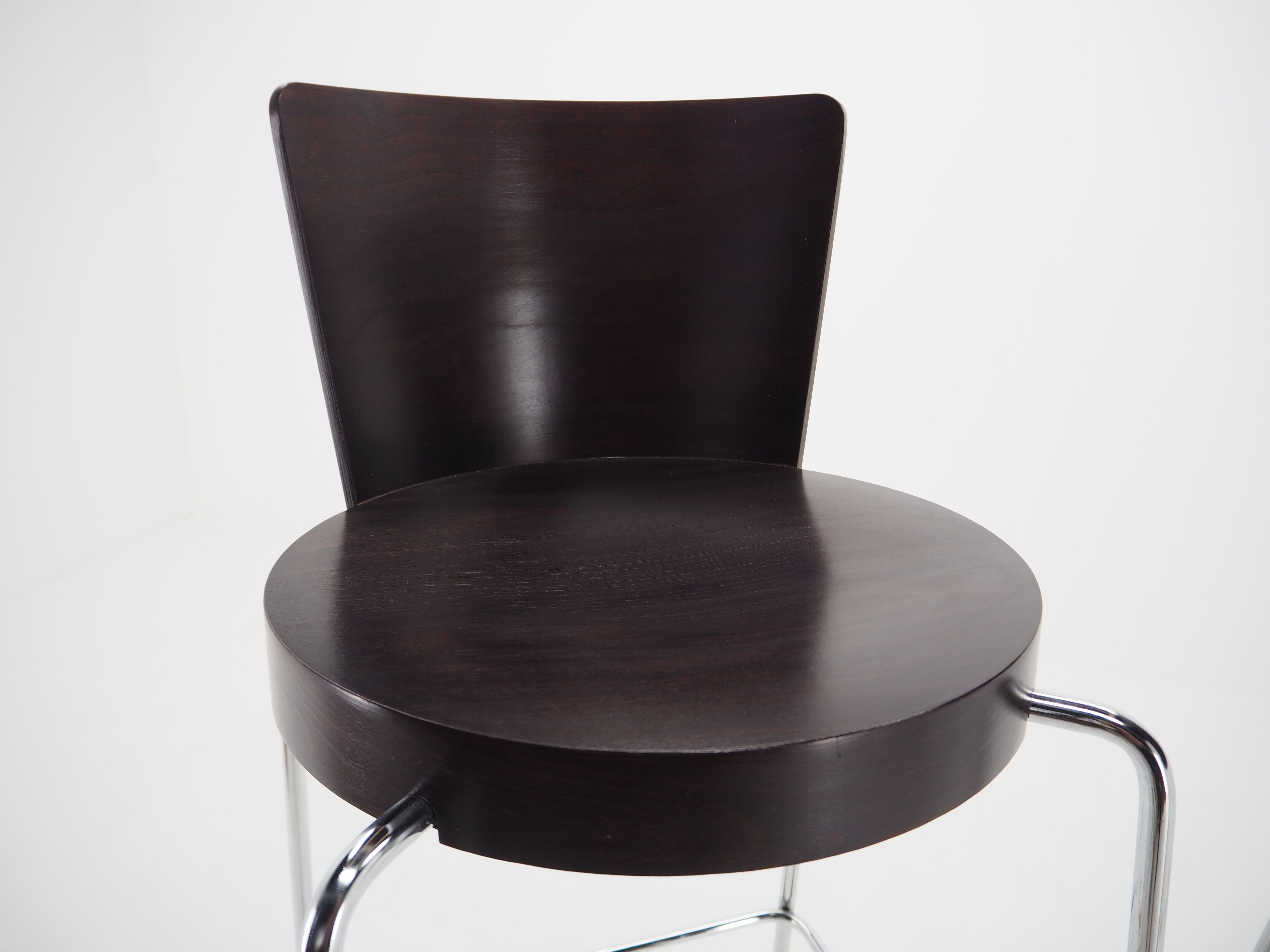 Midcentury chrome and wood bar stools by Ton, Czechoslovakia, 1980s