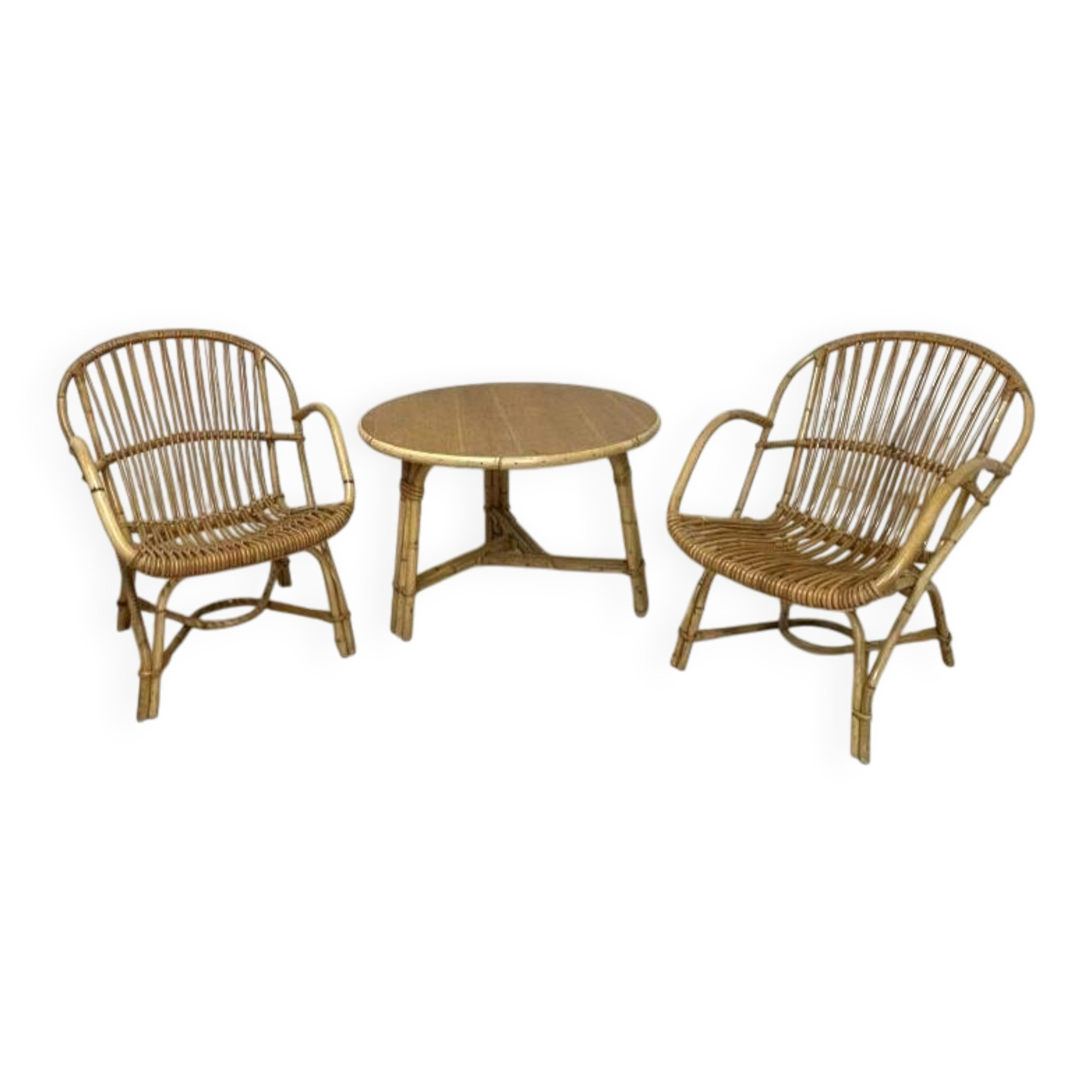 Audoux-Minnet rattan lounge set, 2 armchairs and table 1950-1960