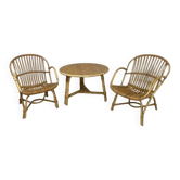 Audoux-Minnet rattan living room, 2 armchairs and table 1950-1960