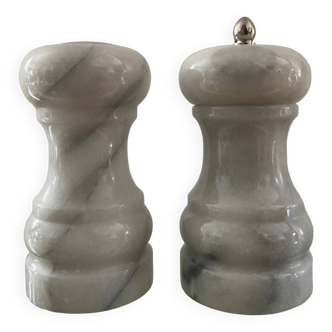 White marble pepper mill and salt shaker set