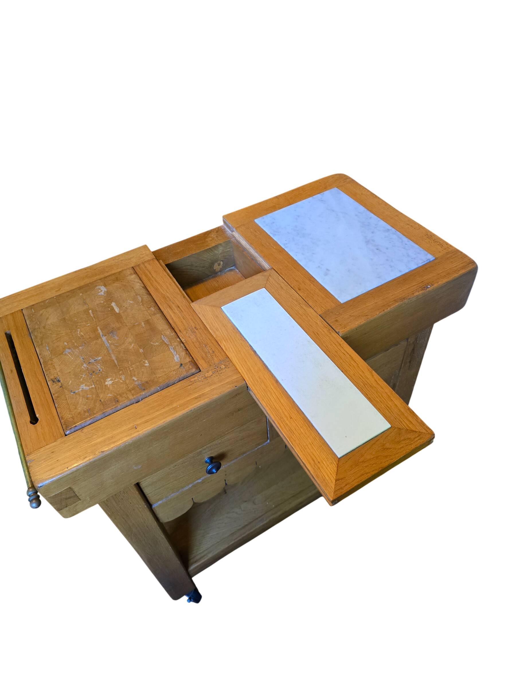 Old oak butcher's block with marble top and central section co