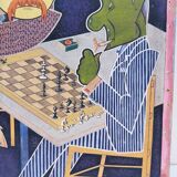 Gouache drawing of cubism chess players signed vintage