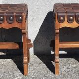 Pair of brutalist stools, leather seat.